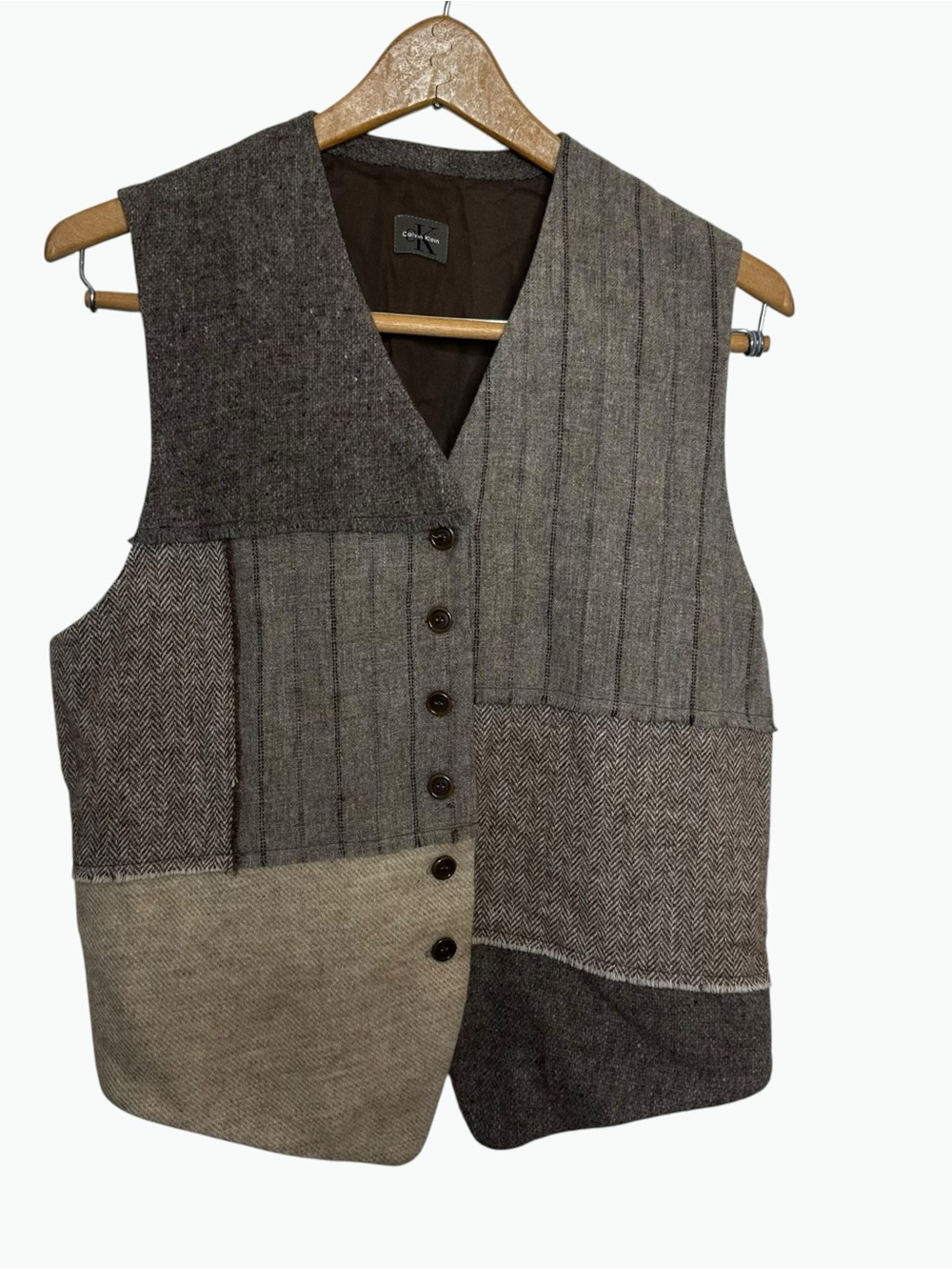 Vintage 90s Calvin Klein 100% Wool Patchwork Tweed Vest Herringbone Made in USA